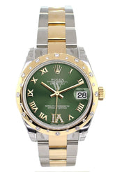 Rolex Datejust 31 Olive Green Roman Large Vi Diamond Dial Fluted Bezel 18K Gold Two Tone Ladies